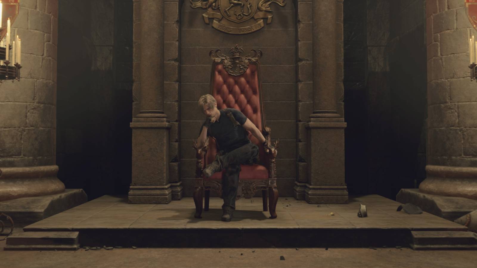 Leon sits in Ramon Salazar's chair in Resident Evil 4 remake