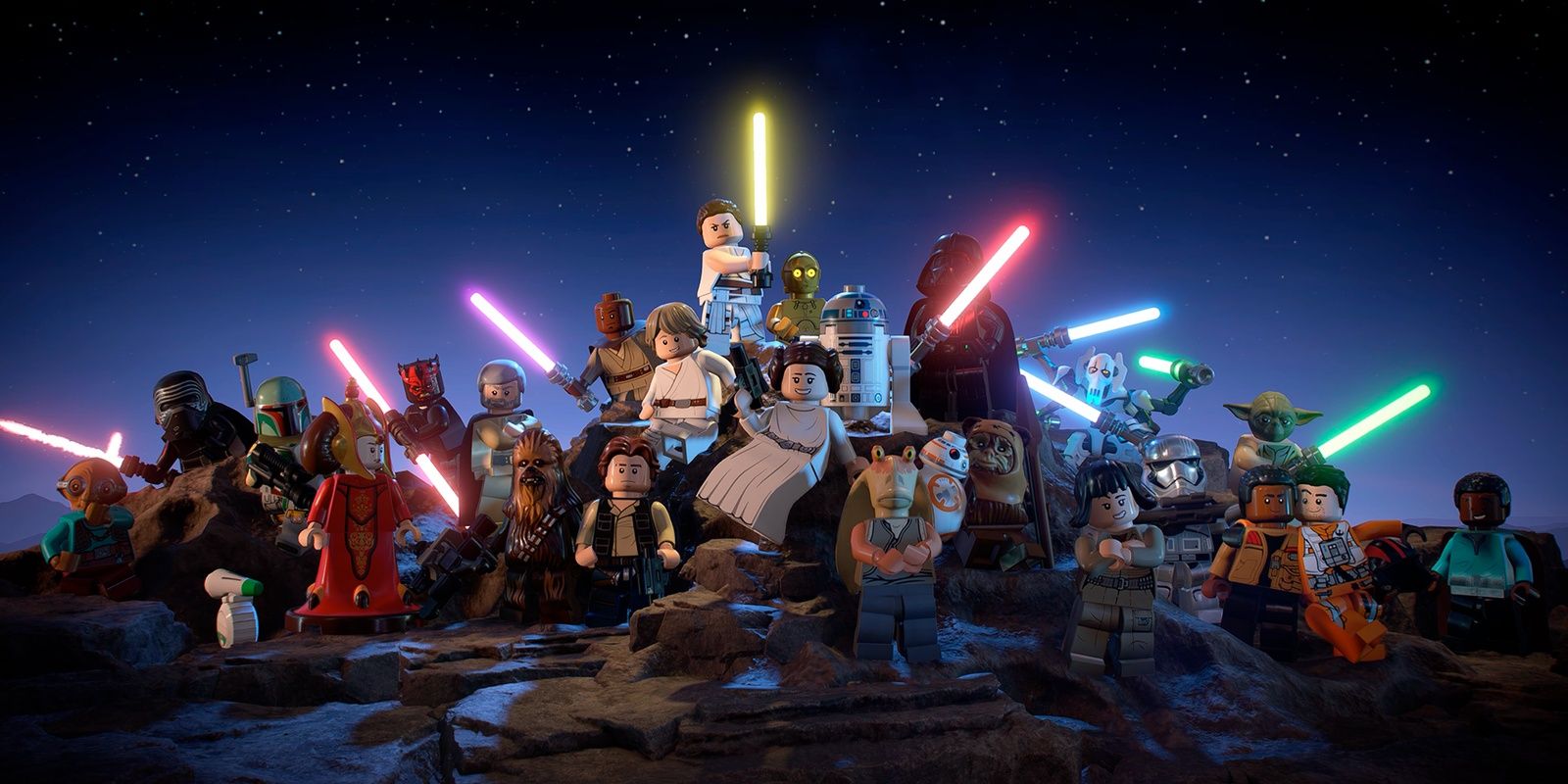 Multiple characters from the Star Wars franchise in Lego form stand together on a rocky hill with the night sky behind them