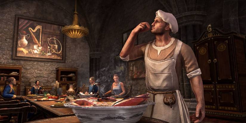 A Chef standing behind a bowl of cooked fish in Elder Scrolls Online