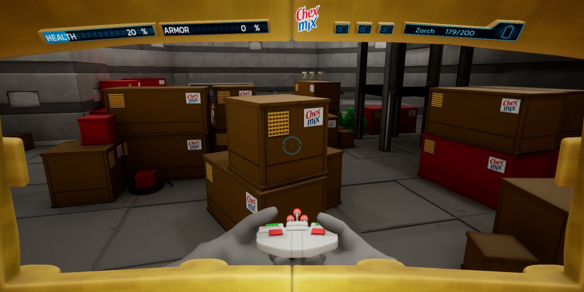 The player pointing a zorcher at boxes that say "Chex Mix" on them in Chex Quest HD