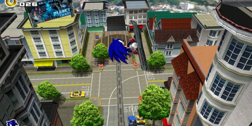 Sonic skateboarding down a street