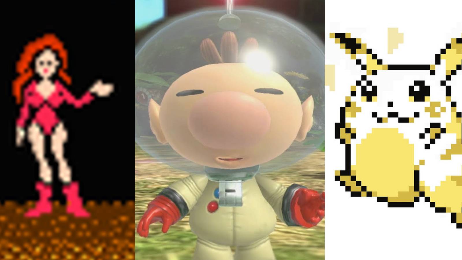 Zero Suit Samus in NES Metroid; Olimar in Pikmin 3; Pikachu in Pokemon Yellow