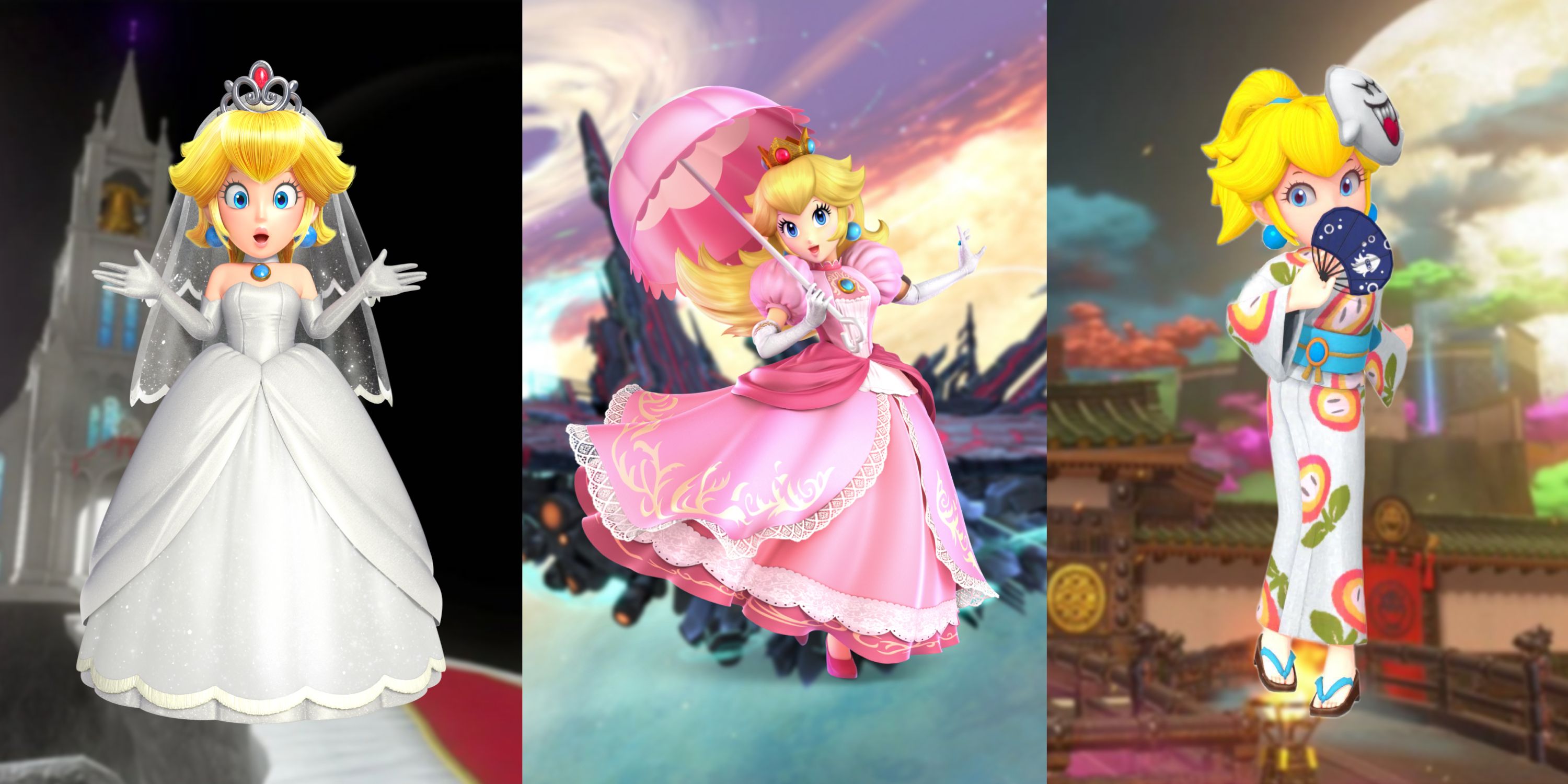 Peach in her wedding dress from Super Mario Odyssey, Peach in her pink dress from Super Smash Bros, and Peach in her Fire Flower yukata from Super Mario Odyssey