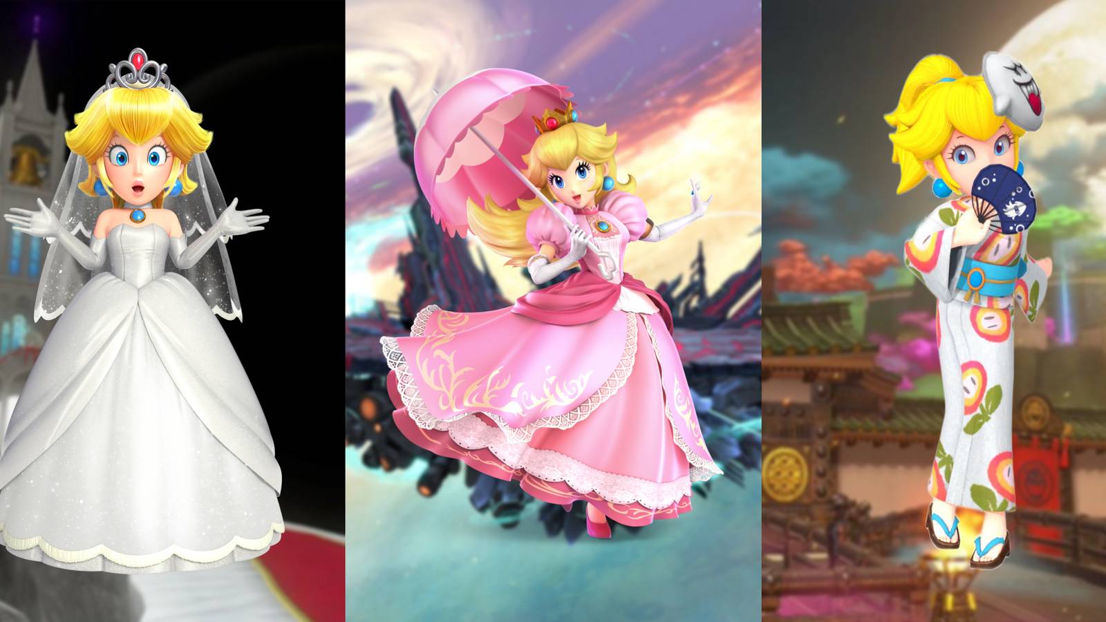 Peach in her wedding dress from Super Mario Odyssey, Peach in her pink dress from Super Smash Bros, and Peach in her Fire Flower yukata from Super Mario Odyssey