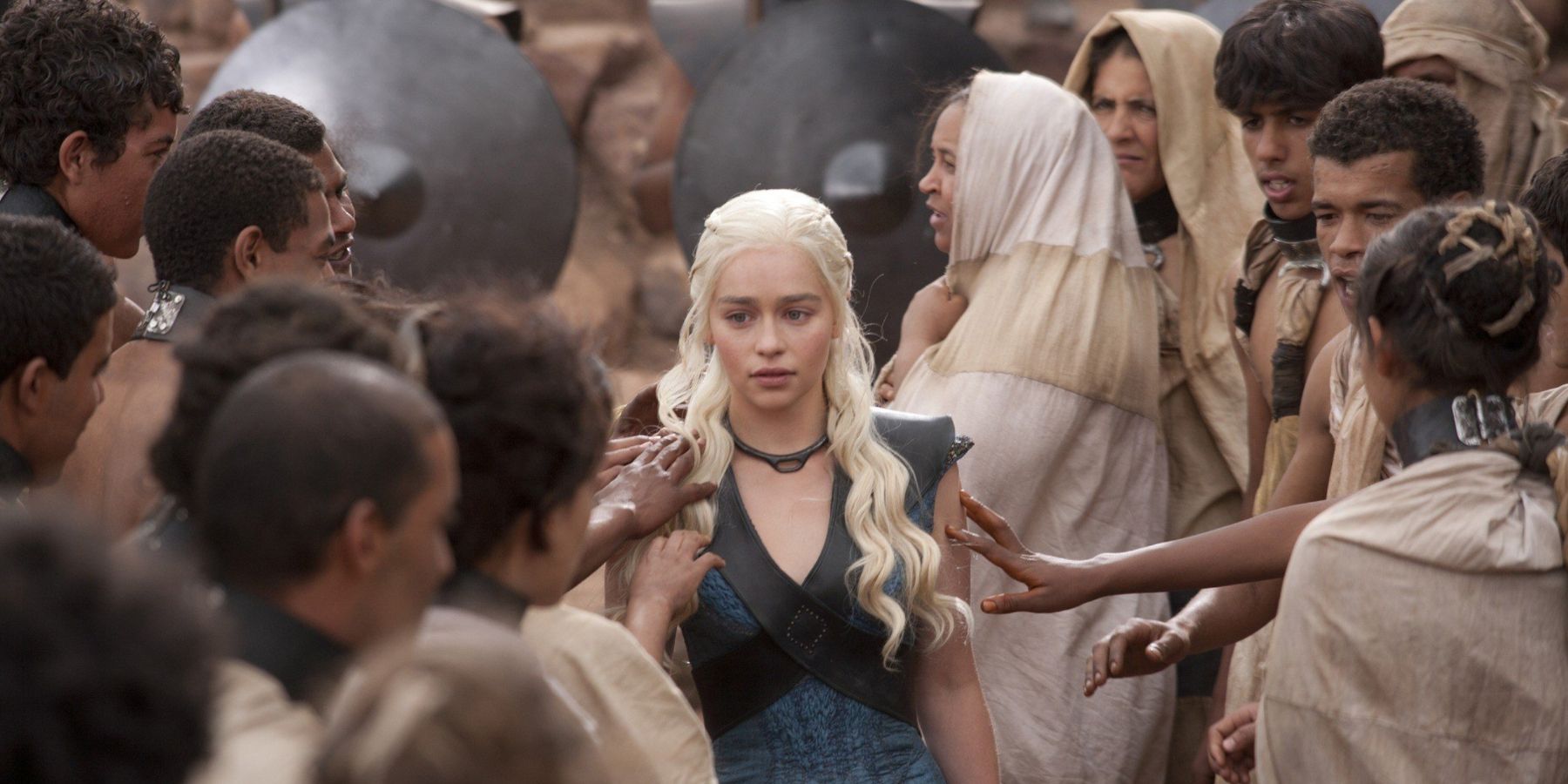 Daenerys Targaryen is hailed as Mhysa by Yunkish in Game of Thrones.