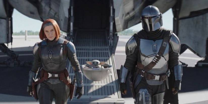 bo-katan and din djarin with grogu