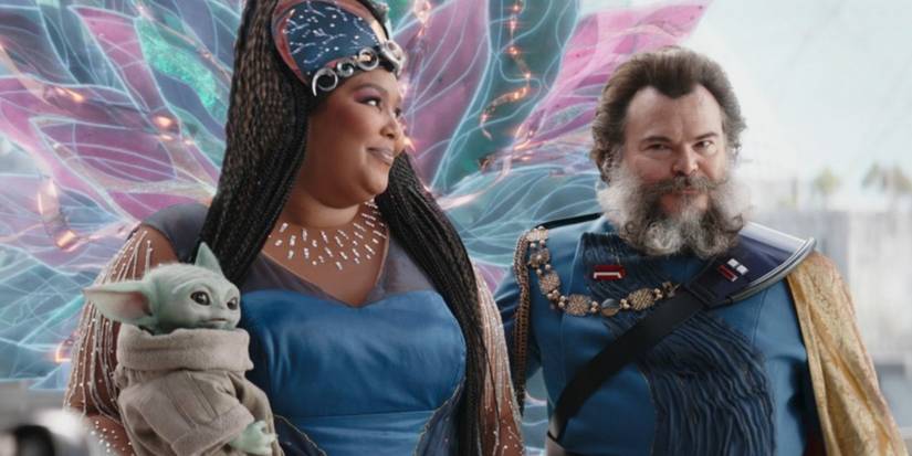 the duchess and grogu with captain bombardier, played by lizzo and jack black