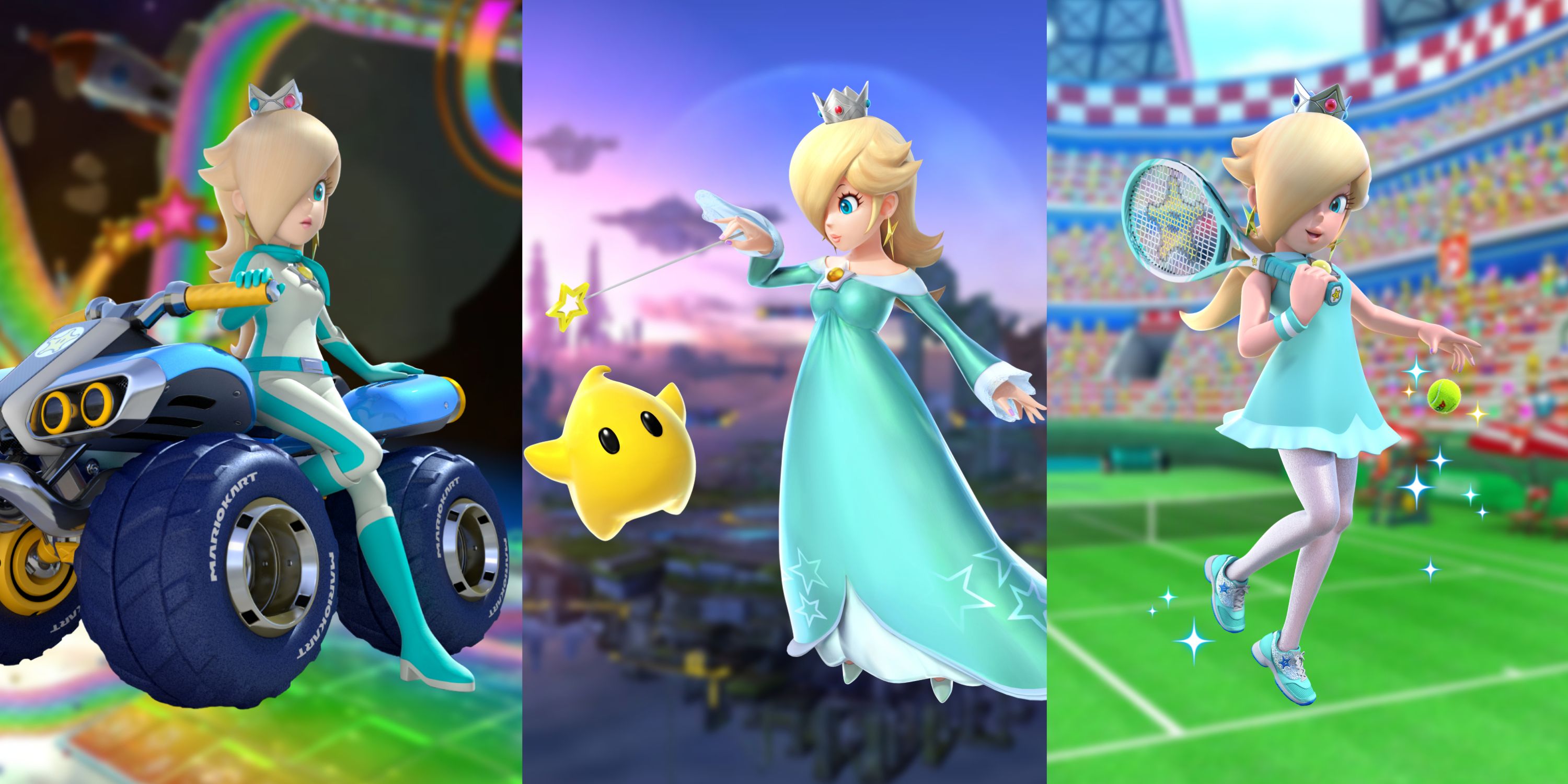 Rosalina in her biker suit from Mario Kart 8, Rosalina in her dress in Super Smash Bros, and Rosalina in her tennis outfit in Mario Tennis Aces