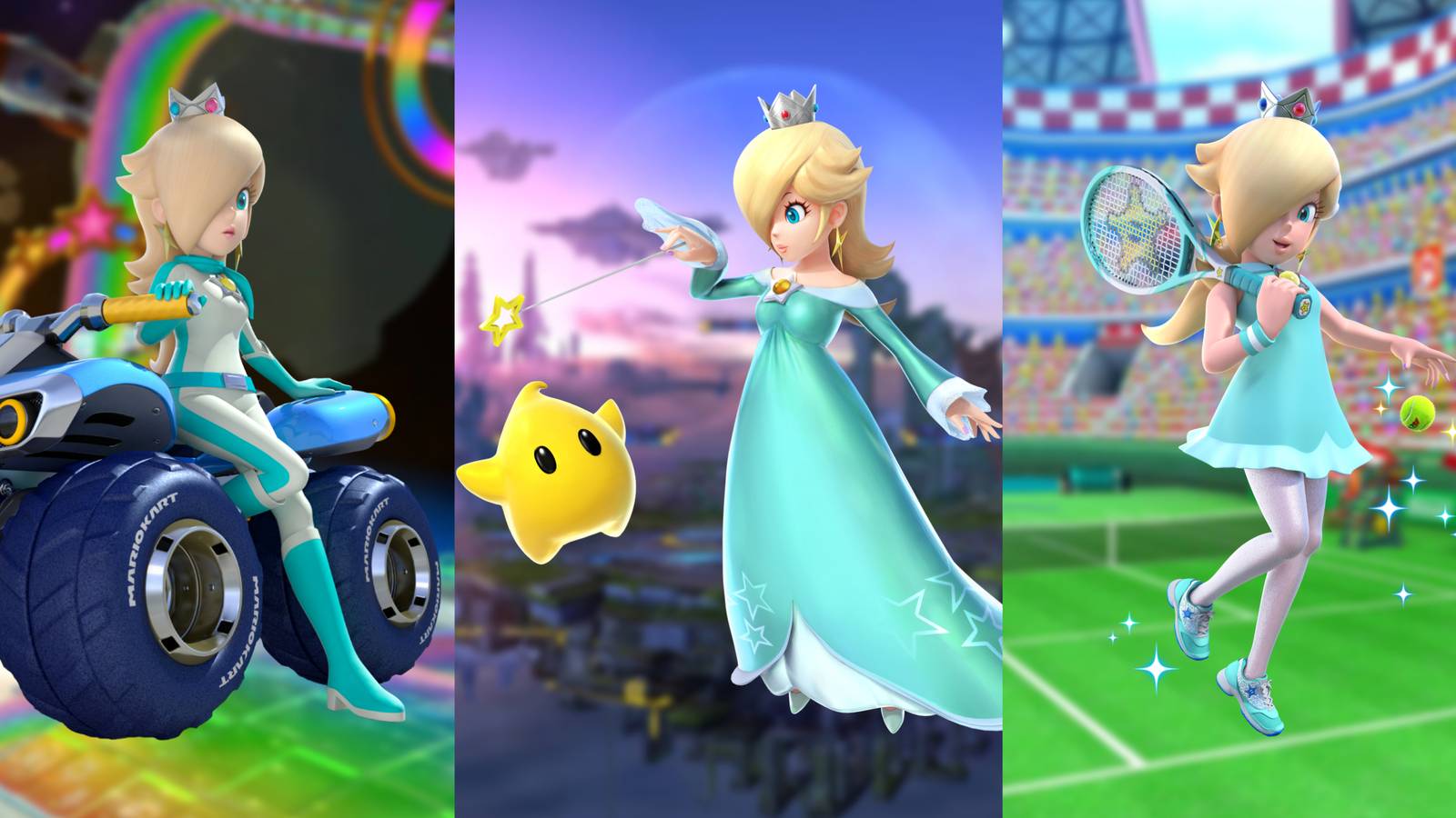 Rosalina in her biker suit from Mario Kart 8, Rosalina in her dress in Super Smash Bros, and Rosalina in her tennis outfit in Mario Tennis Aces