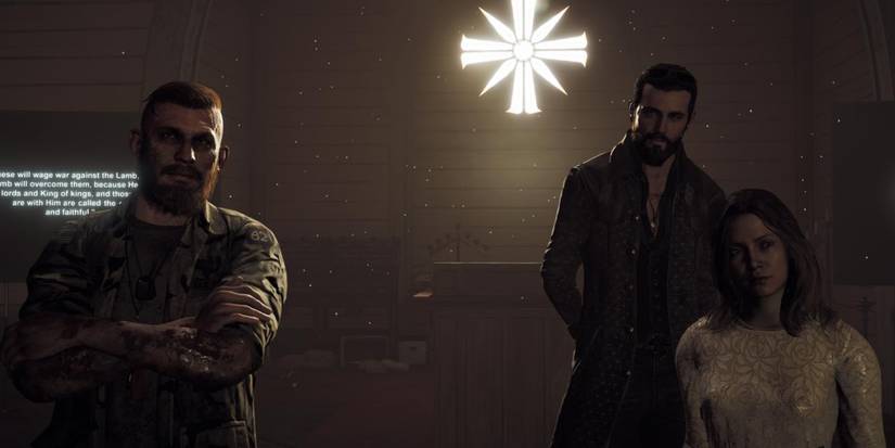 Opening cinematic of the game, Jacob, John and Faith watch as Joseph is taken out of the church by the Deputy