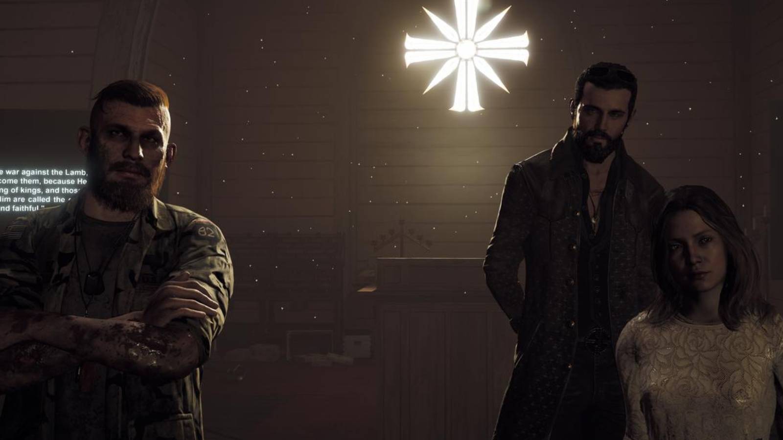 Opening cinematic of the game, Jacob, John and Faith watch as Joseph is taken out of the church by the Deputy