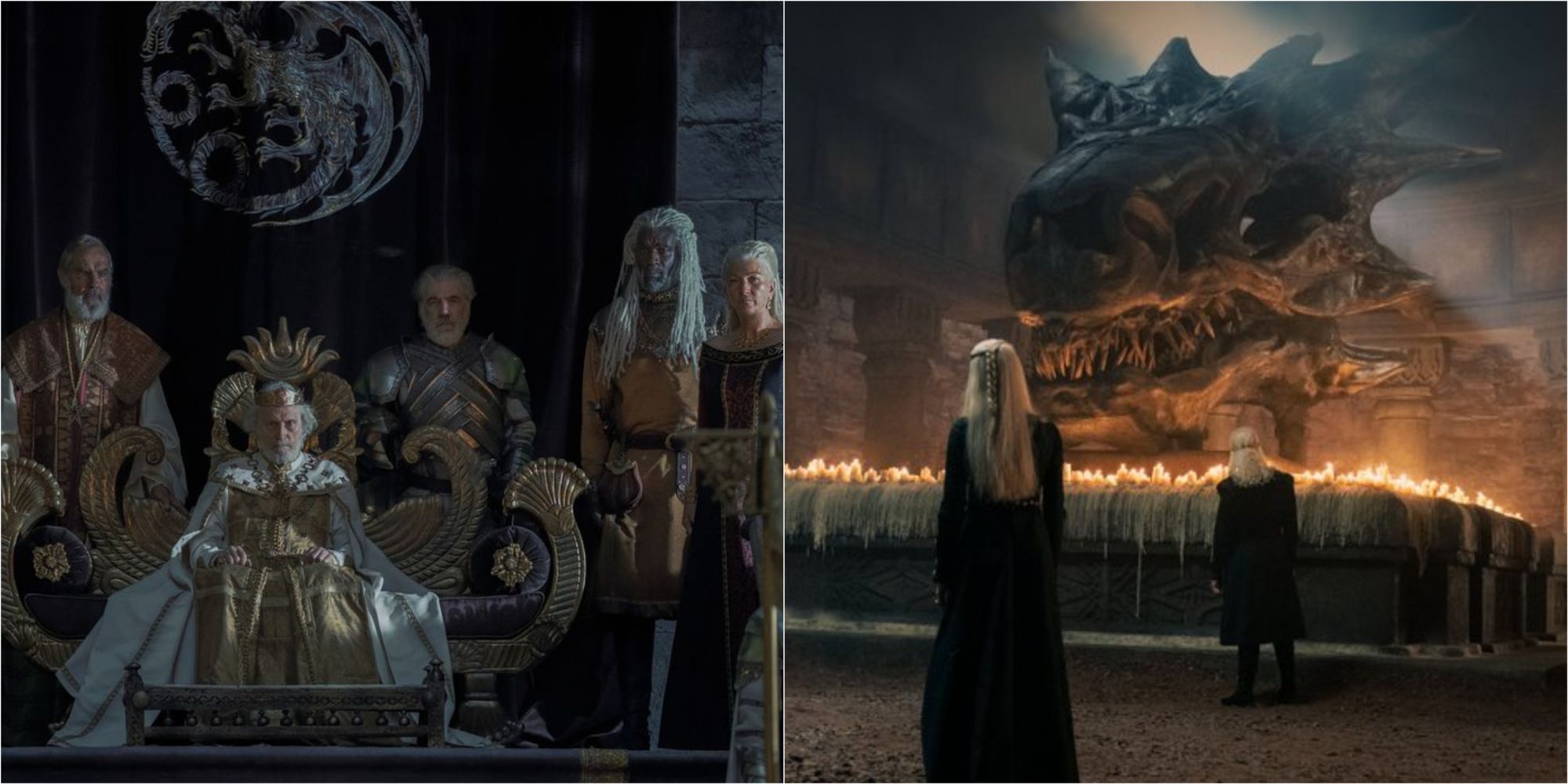 King Jaehaerys I, Corlys Velaryon, Rhaenys Targaryen and Balerion's Skull in House of the Dragon.