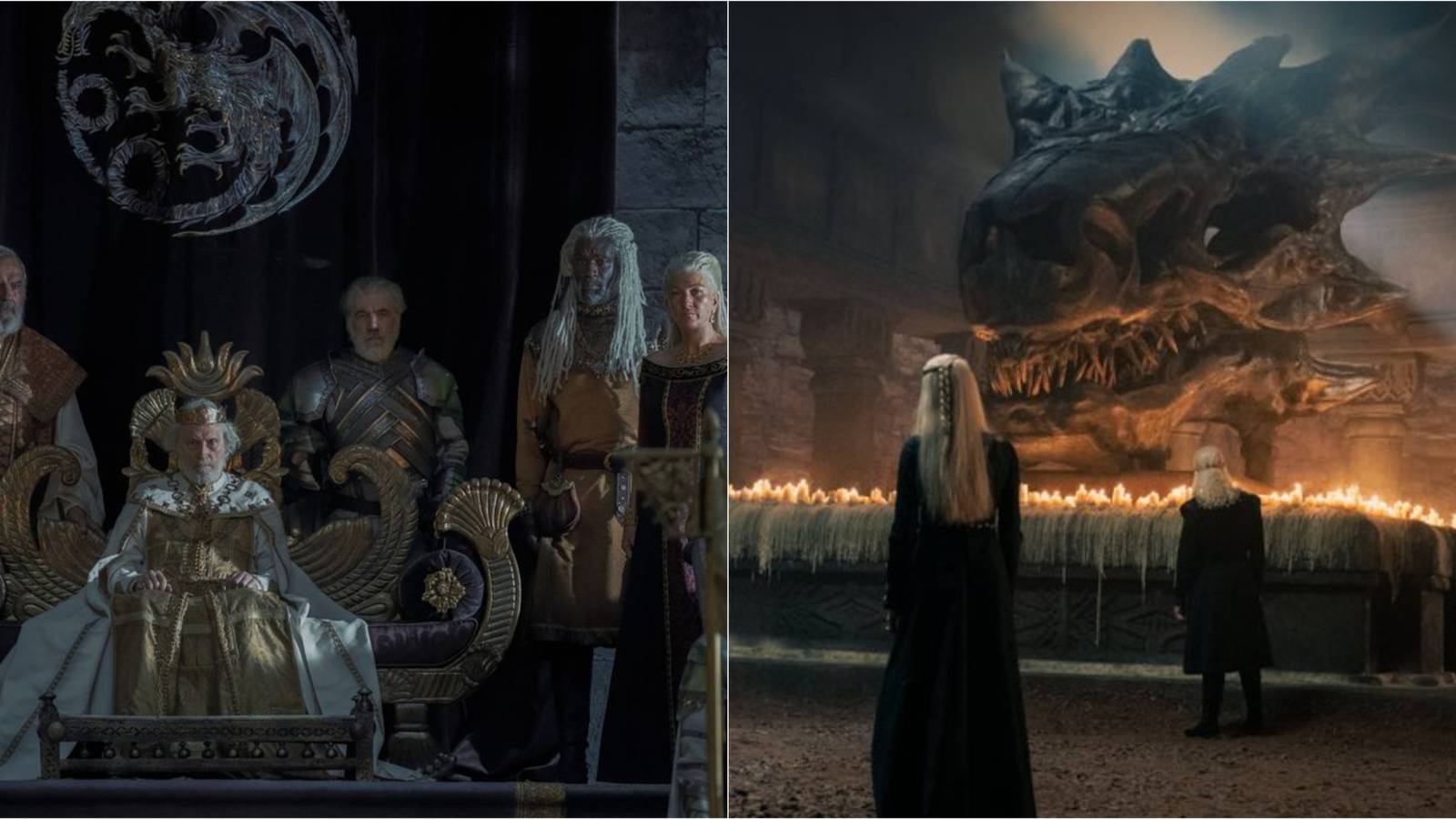 King Jaehaerys I, Corlys Velaryon, Rhaenys Targaryen and Balerion's Skull in House of the Dragon.