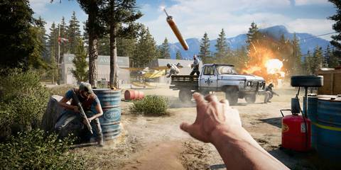 Player character throwing dynamite at a cult truck filled with Peggies while they fight along side Nick Rye