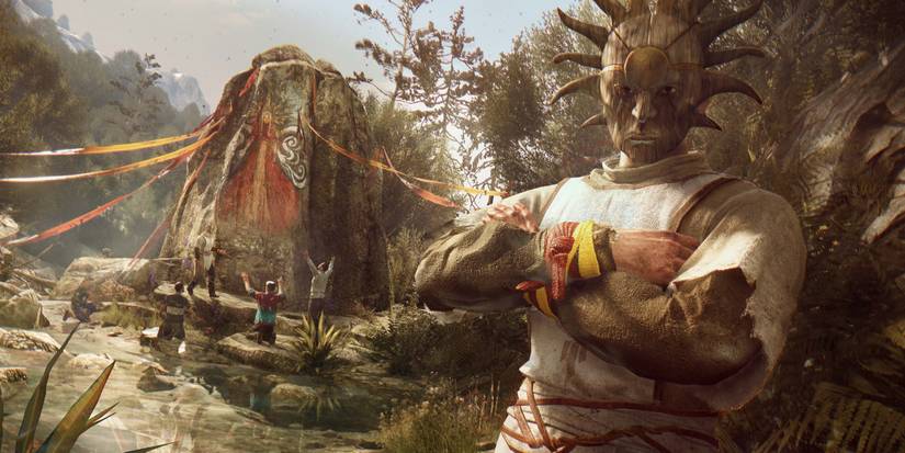 The Faceless from the cult Children of the Sun standing with arms crossed as worshippers pray to a painting depicting The Mother