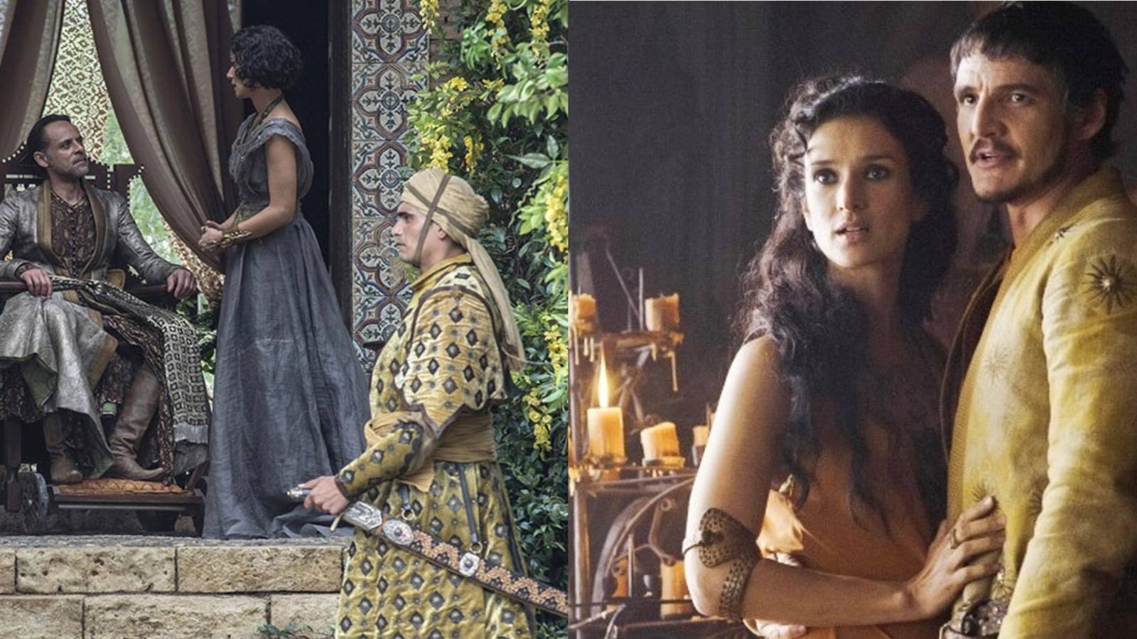 Split image showing Doran Martell, Ellaria Sand, and Oberyn Martell in Game of Thrones.