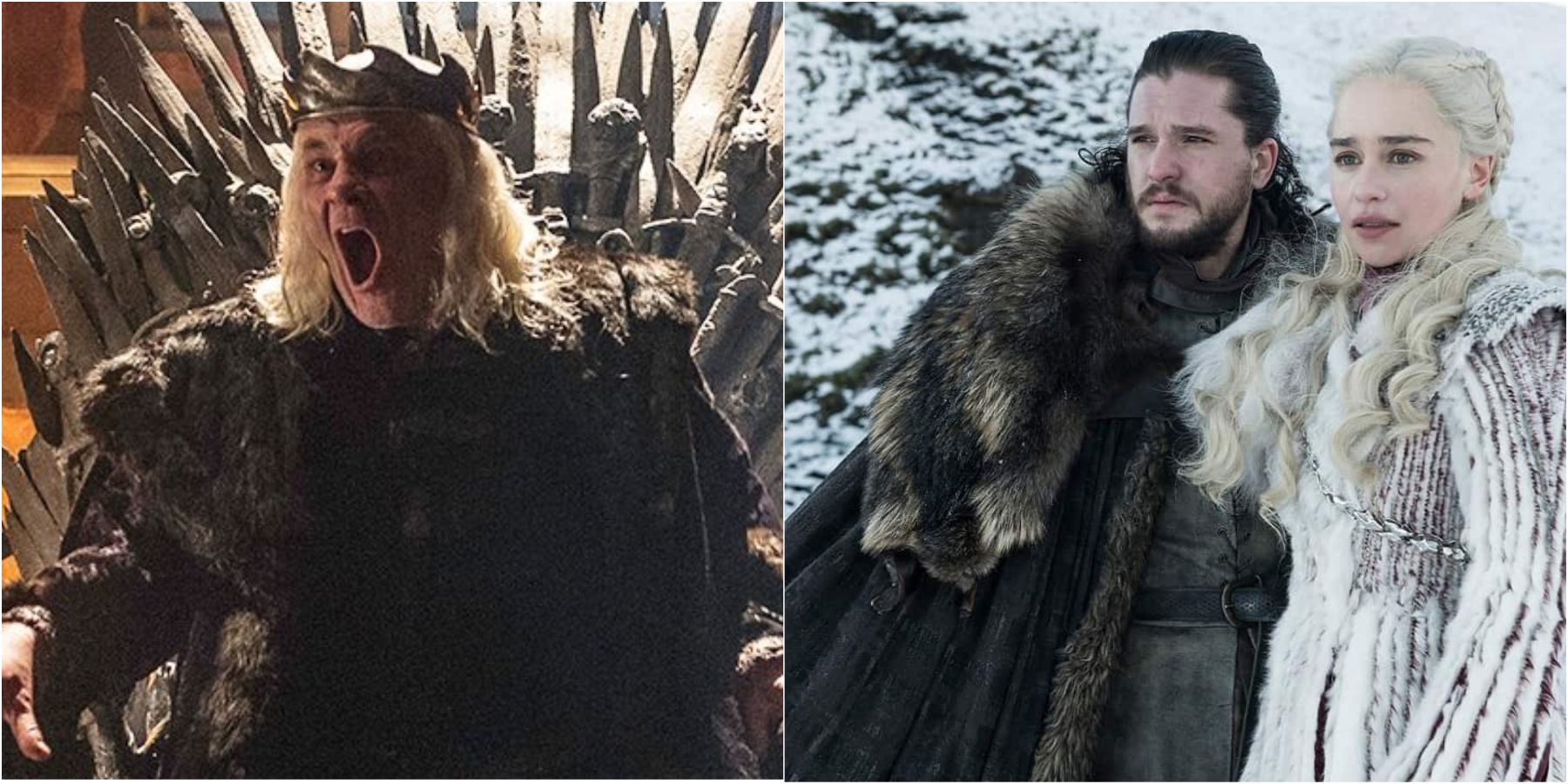 Split image showing the Mad King, Aerys II and Jon Snow, and Daenerys Targaryen in Game of Thrones.