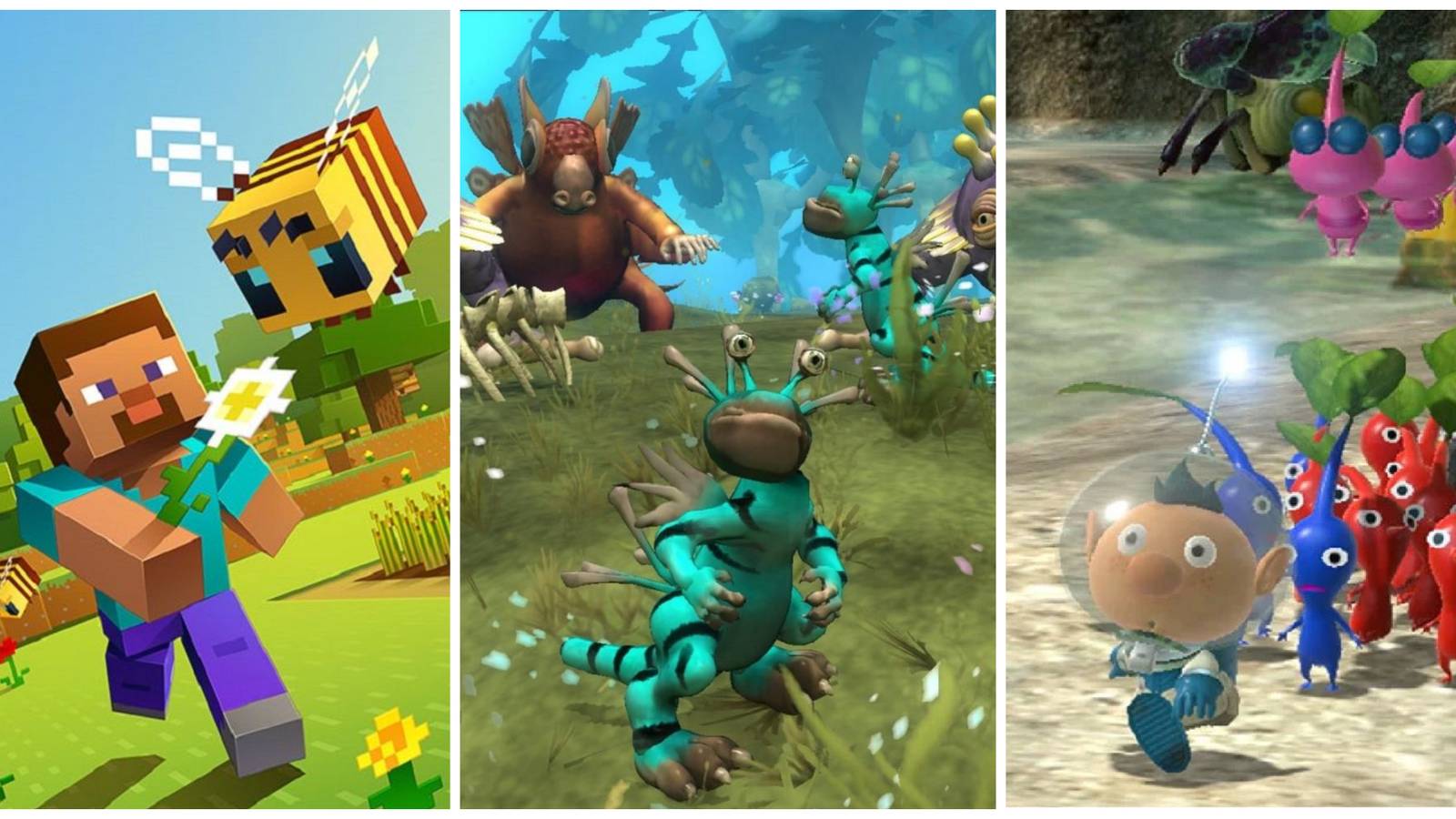 Left: Minecraft's Steve chasing a bee. Center: A blue bipedal creature from Spore in front of two other creatures in a grassy field. Right: A man in an astronaut suit leading colorful creatures with leaves on their heads.