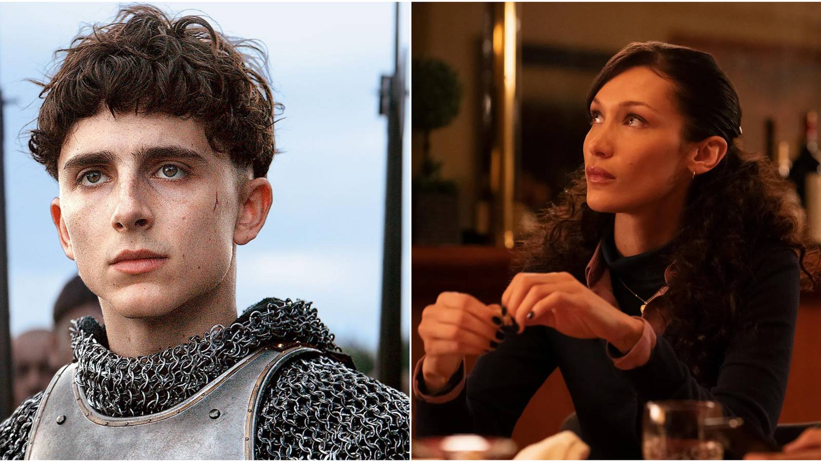 Split image showing Timothée Chalamet in The King and Bella Hadid in Ramy.
