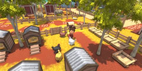 A character interacting with chickens on their farm in Dinkum