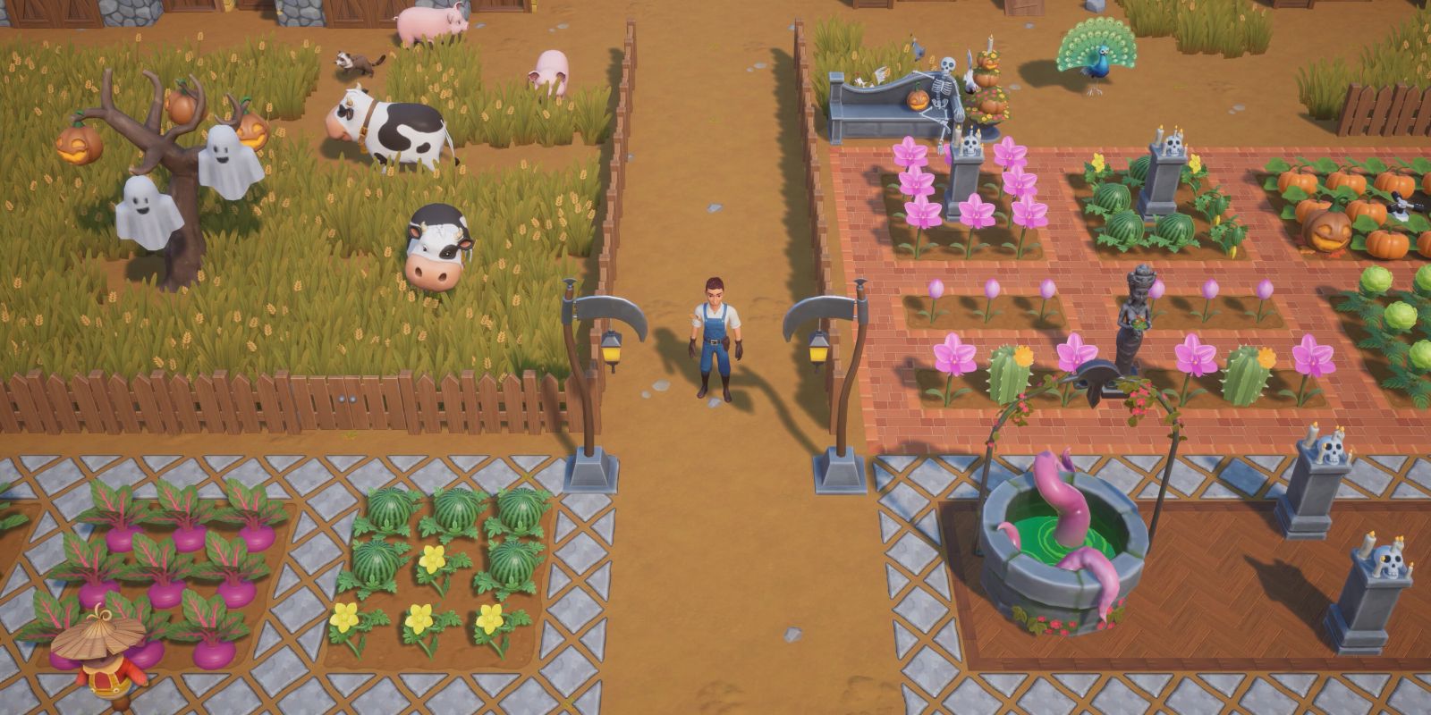 Un jugador se encuentra en medio de su granja en Coral Island.