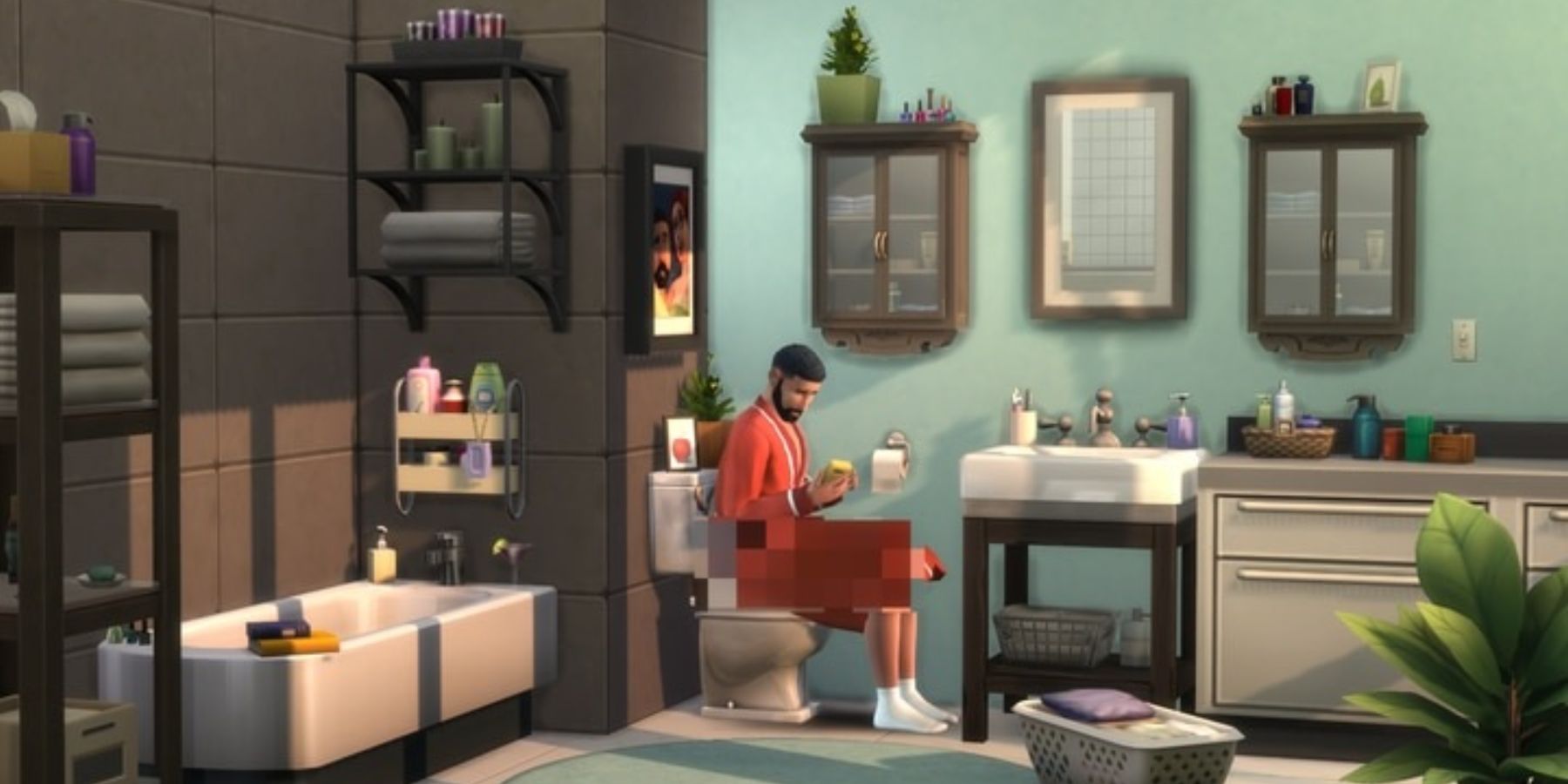 bob pancakes in a cluttered bathroom