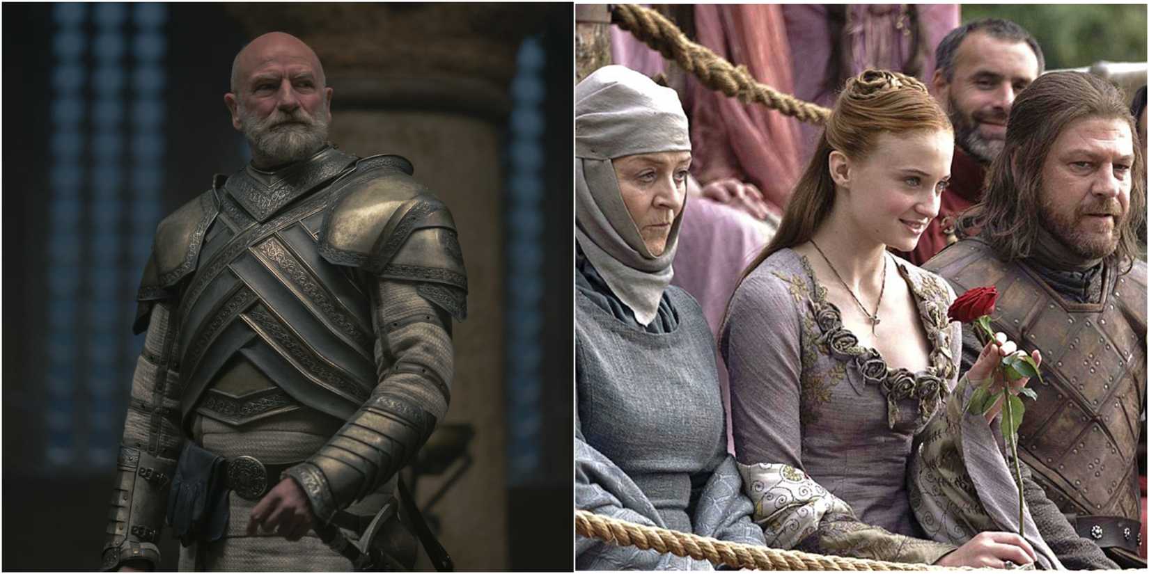 Split image of Harrold Westerling in House of the Dragon and the Hand's Tourney in Game of Thrones.