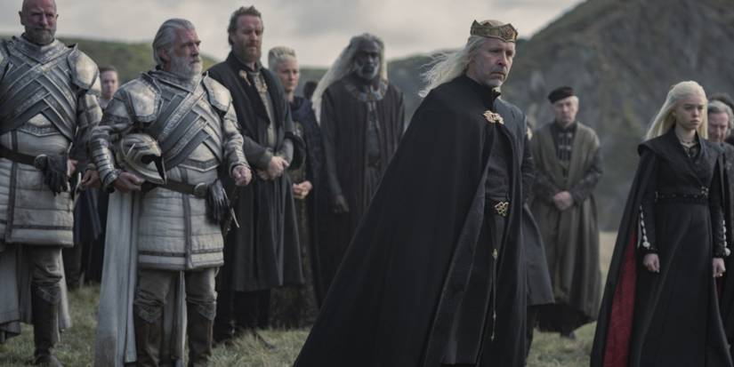 Viserys Targaryen and Kingsguard, Rhaenyra and Rhaenys Targaryen, Otto Hightower, and Corlys Velaryon in House of the Dragon.