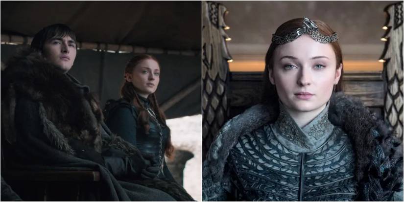 Split image of Bran and Sansa at the Great Council and Sansa as Queen of the North in Game of Thrones.