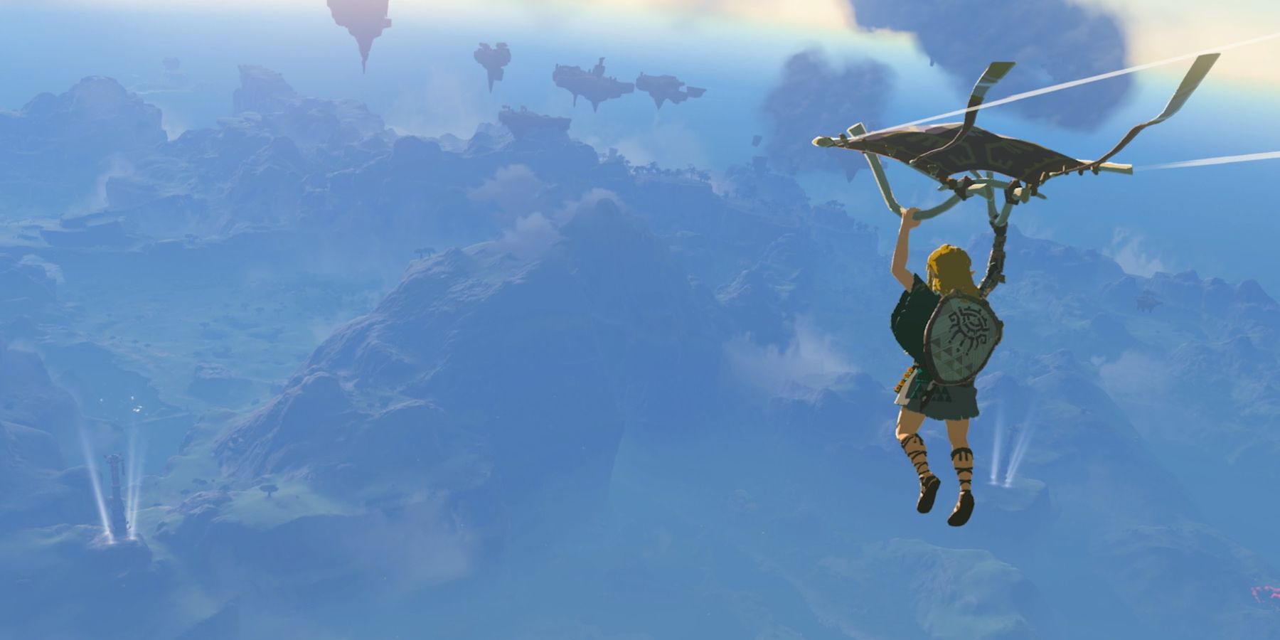 link glides over hyrule in tears of the kingdom attire