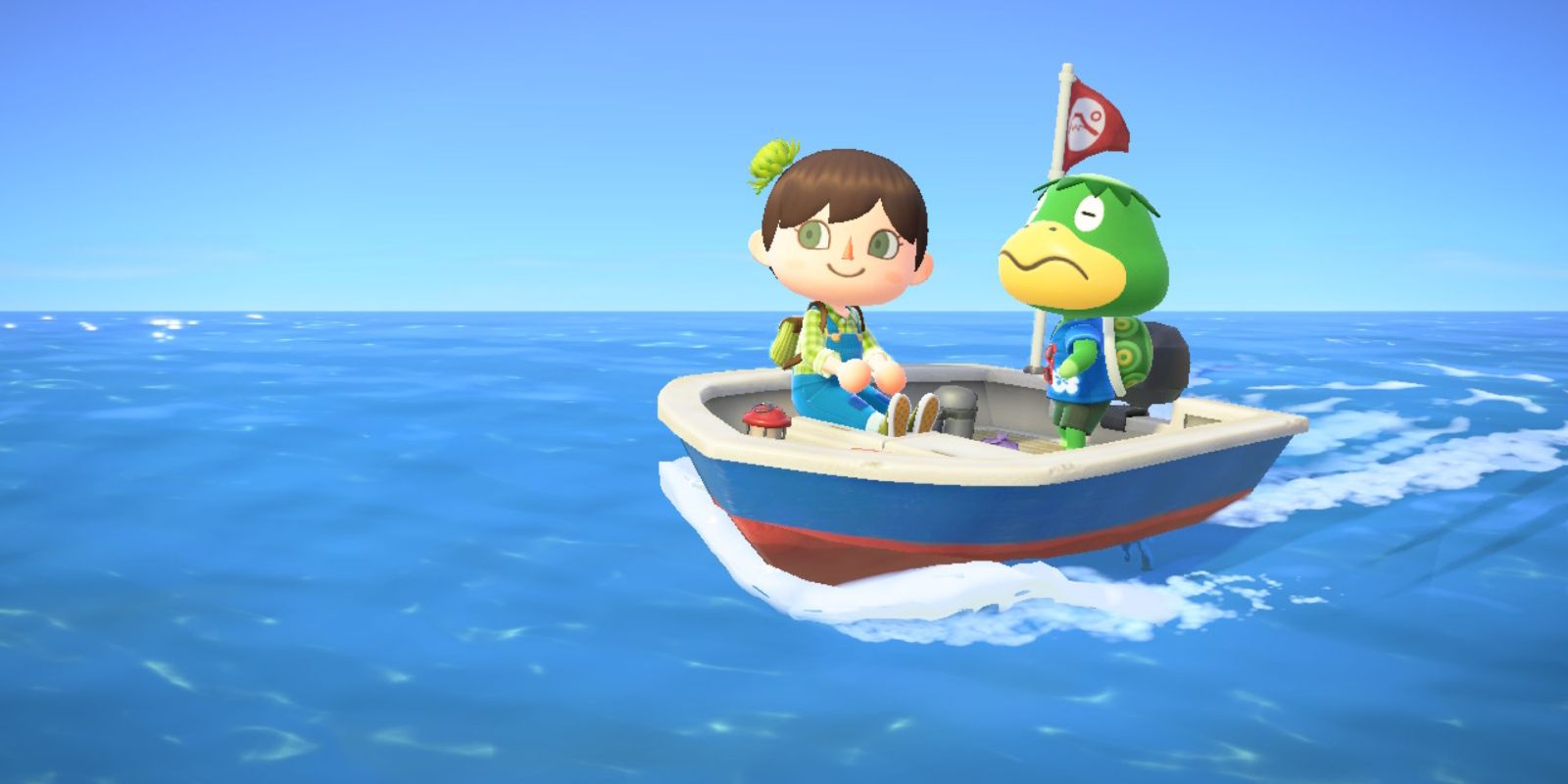 A player sits in a motorized boat with Kapp'n in Animal Crossing New Horizons