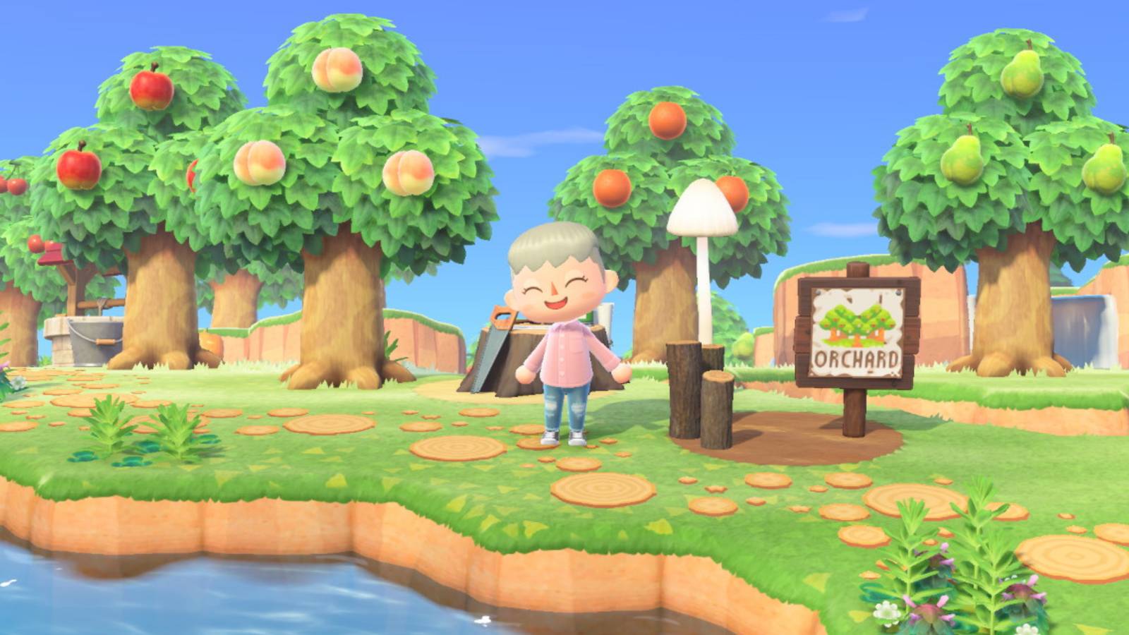 A player stands in their orchard in Animal Crossing New Horizons