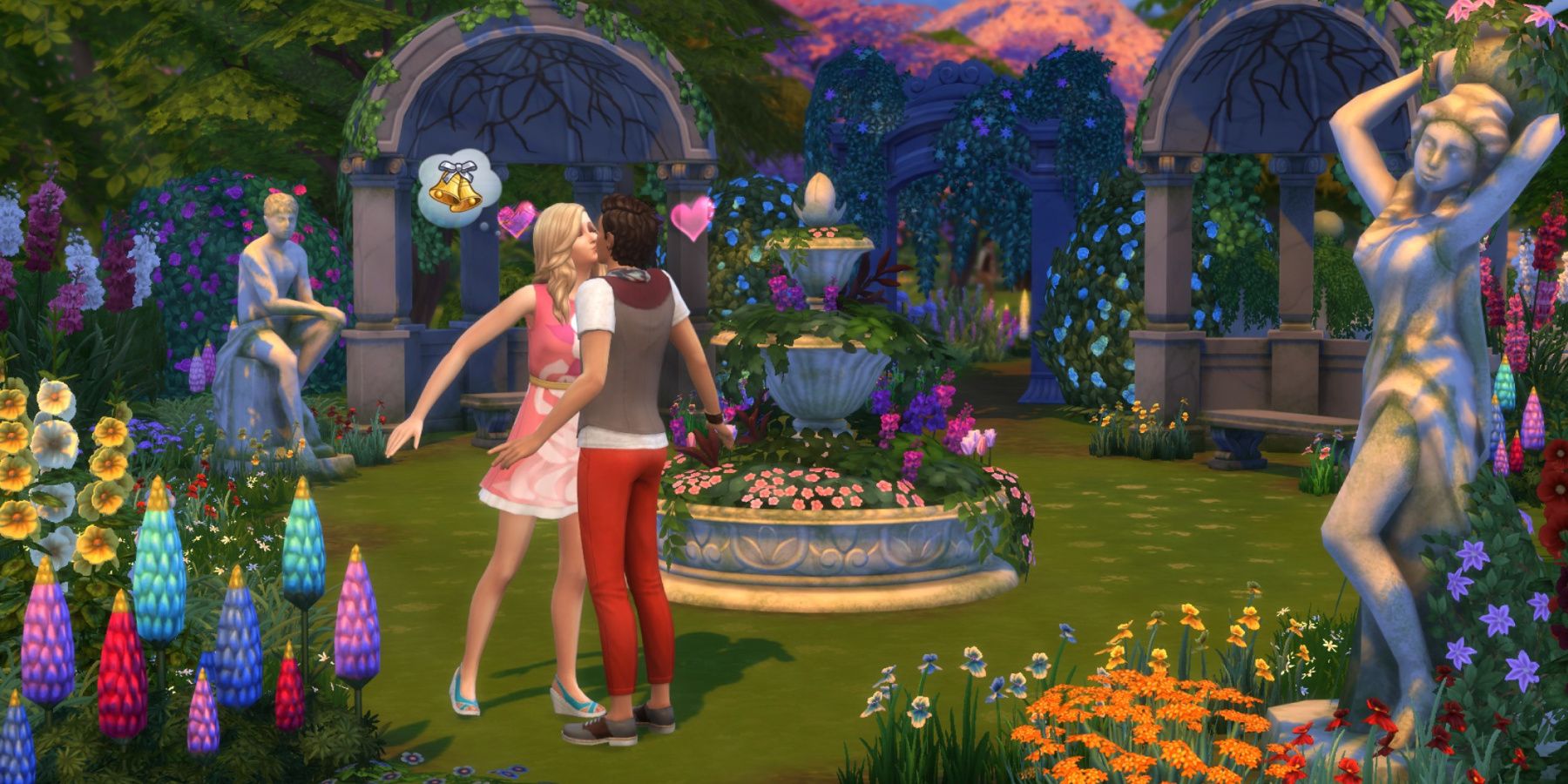 Two Sims kiss in an ornate garden in Sims 4