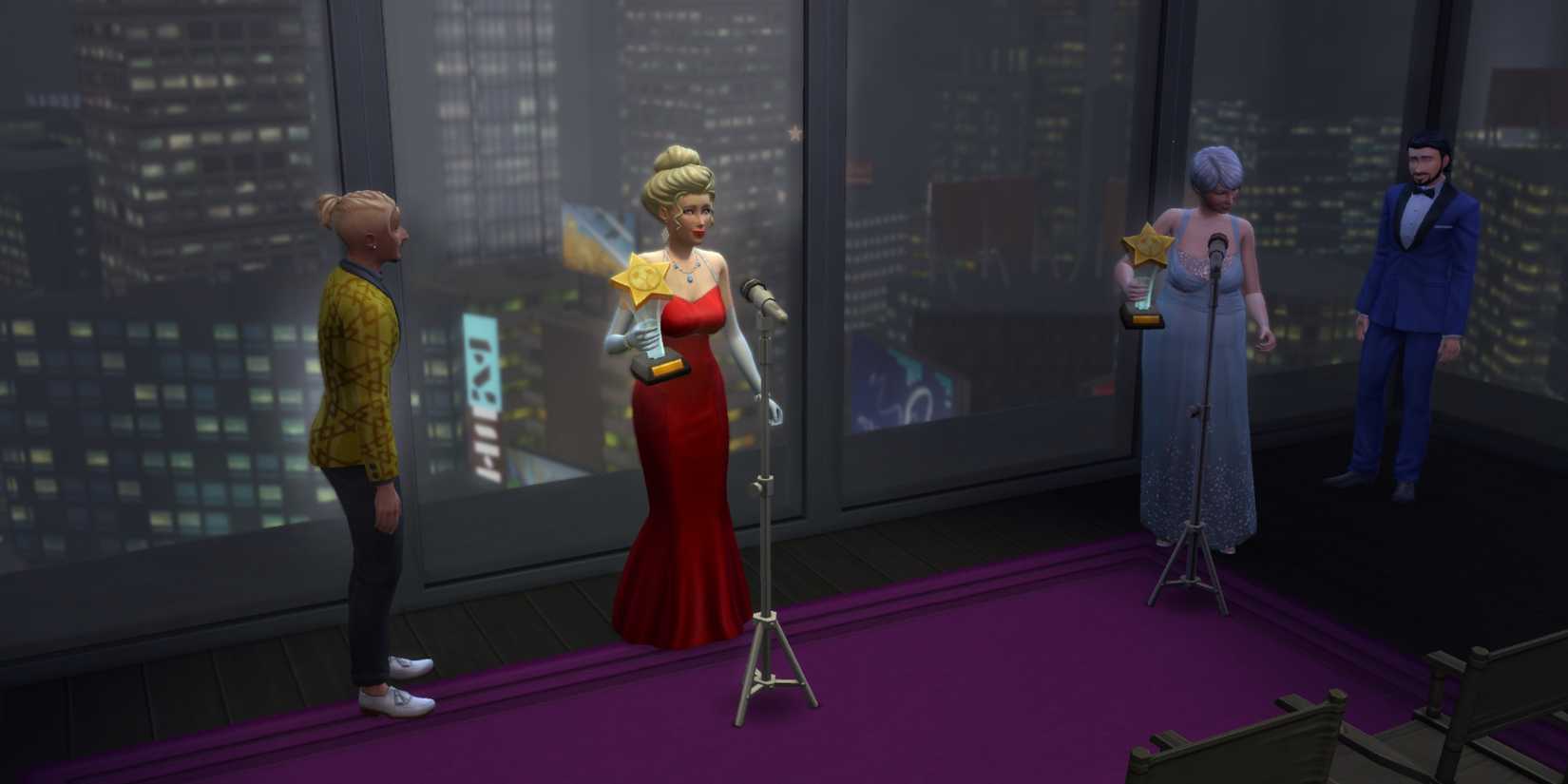 A famous Sim accepts an award during a ceremony in Sims 4