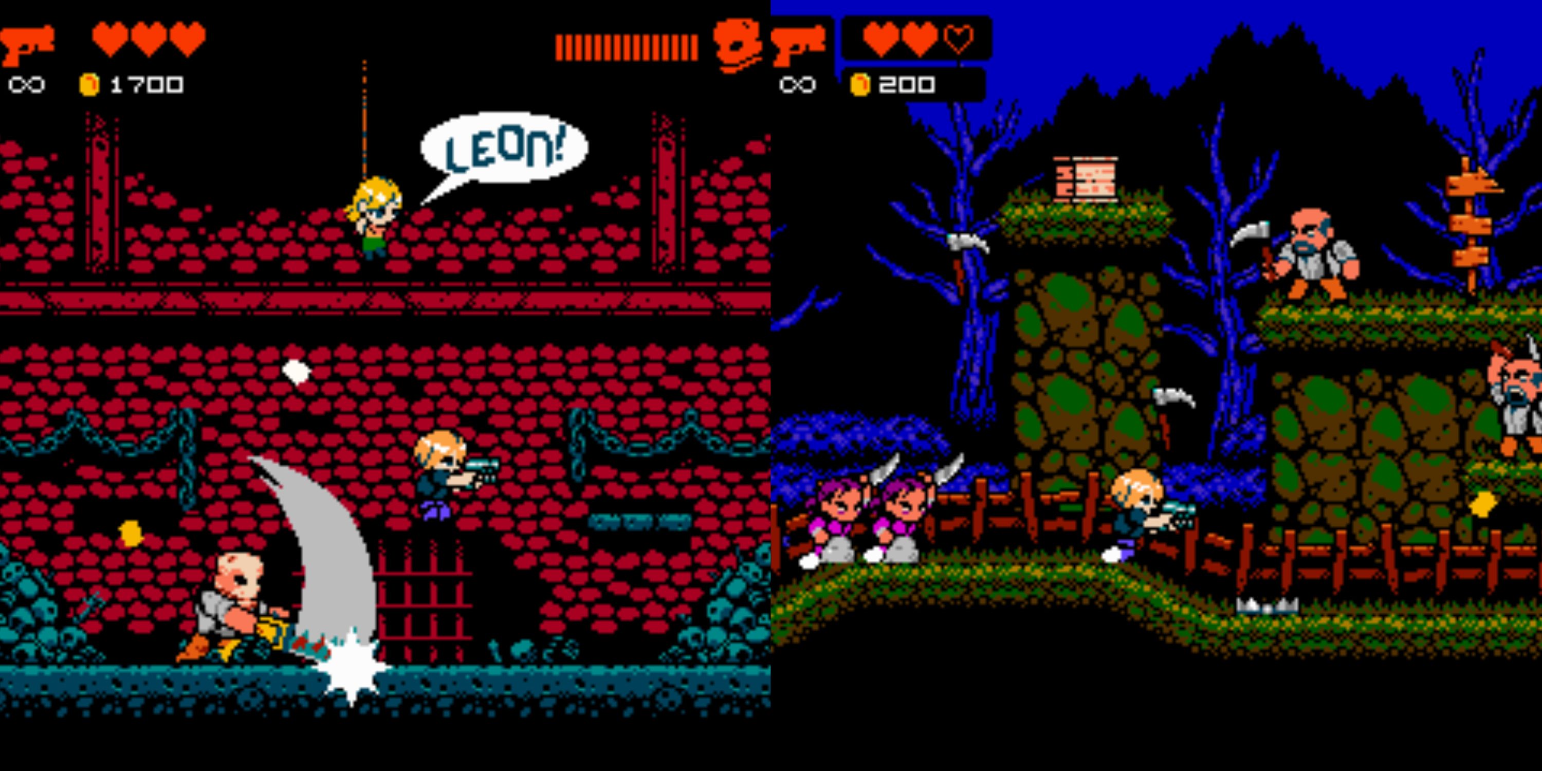 Leon fighting off chainsaw weilding enemy to save Ashley and Leon fighting through hoard of villagers