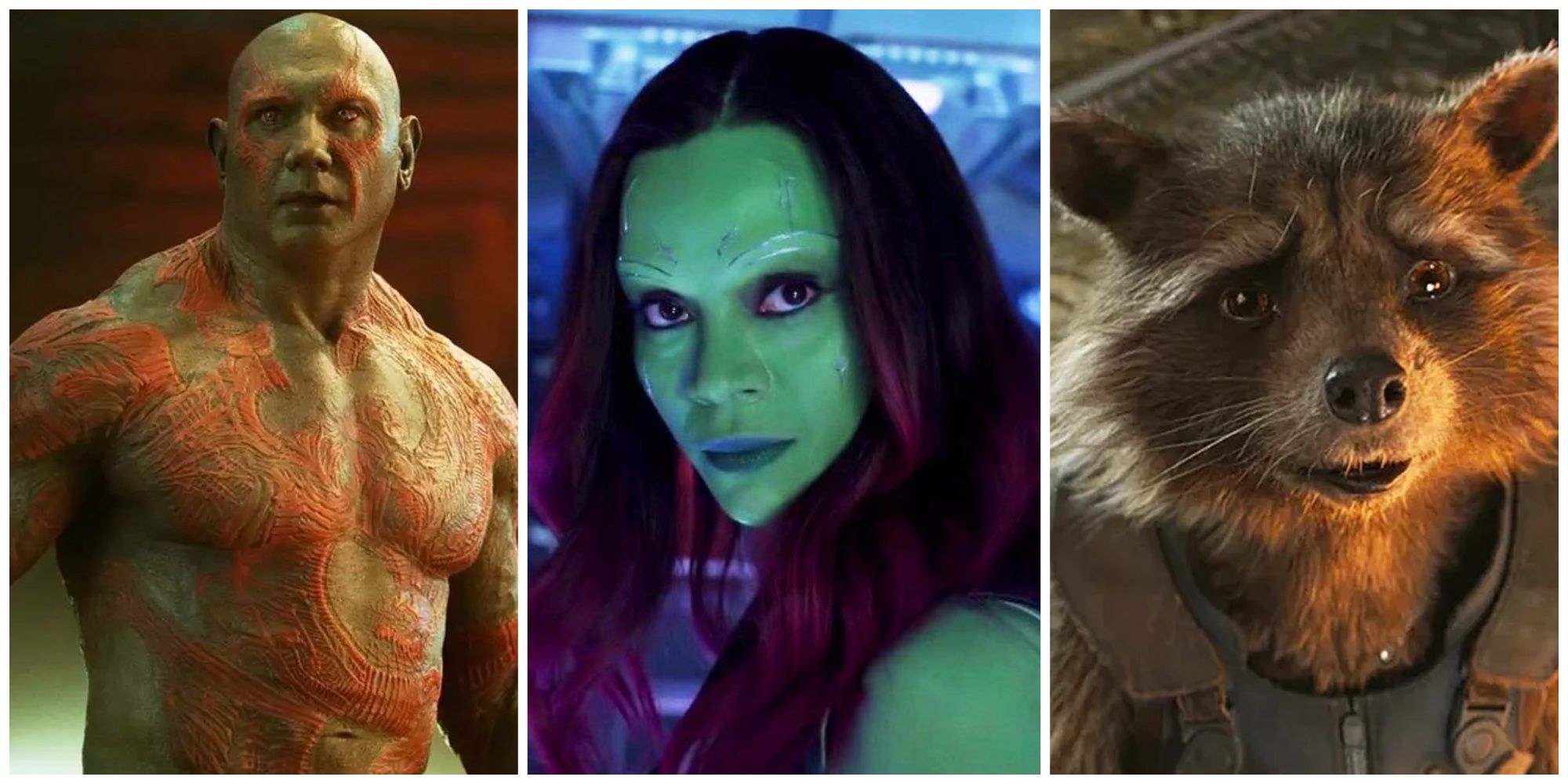 Dave Bautista as Drax the Destroyer. Zoe Saldana as Gamora. Bradley Cooper as Rocket Raccoon.