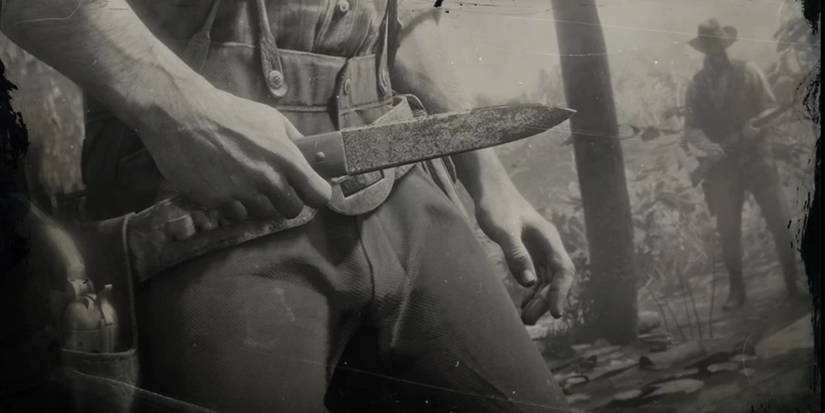 arthur morgan holding a throwing knife