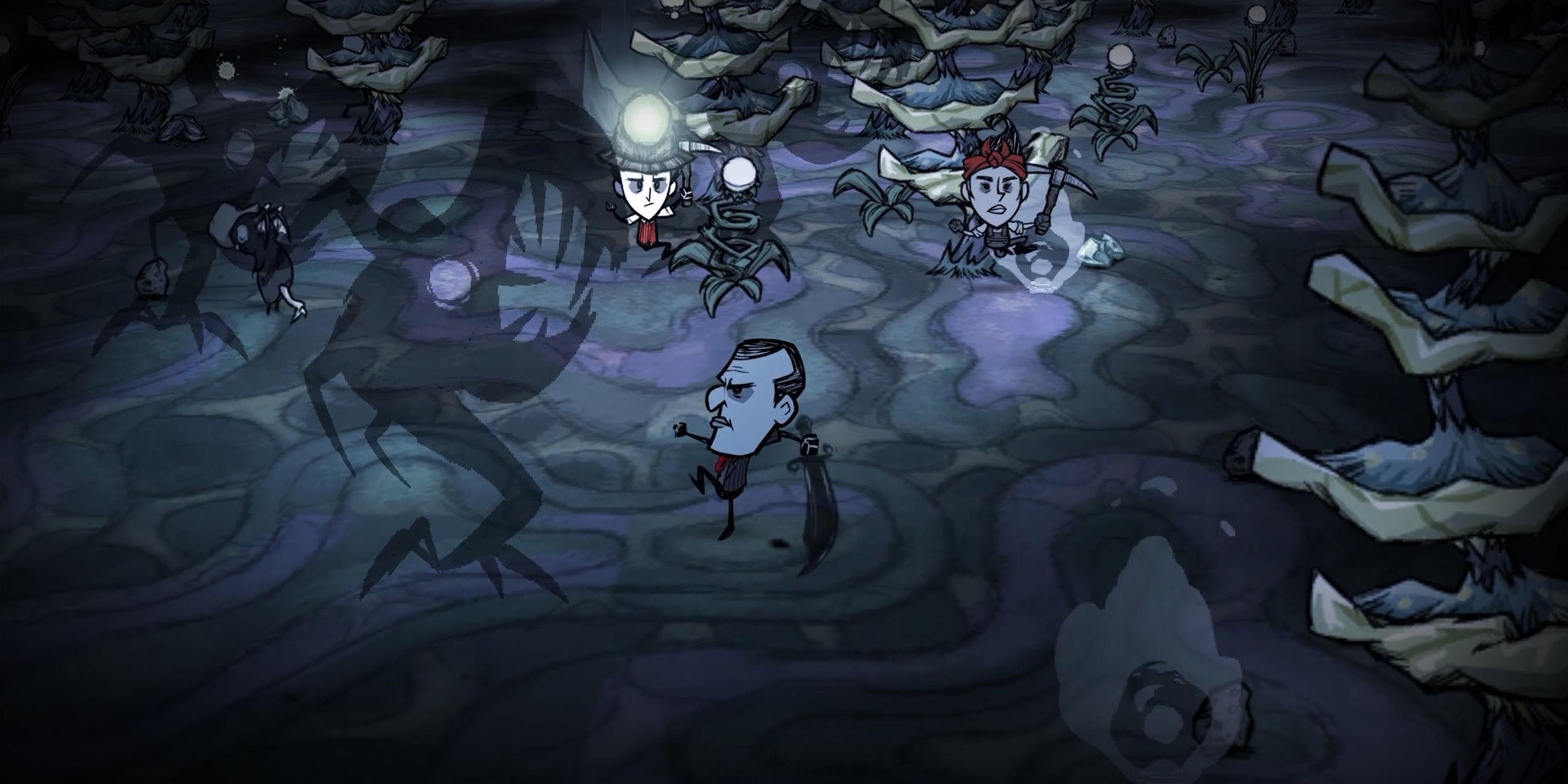 Wilson, Winona, and Maxwell fighting Terrorbeaks in Don't Starve Together