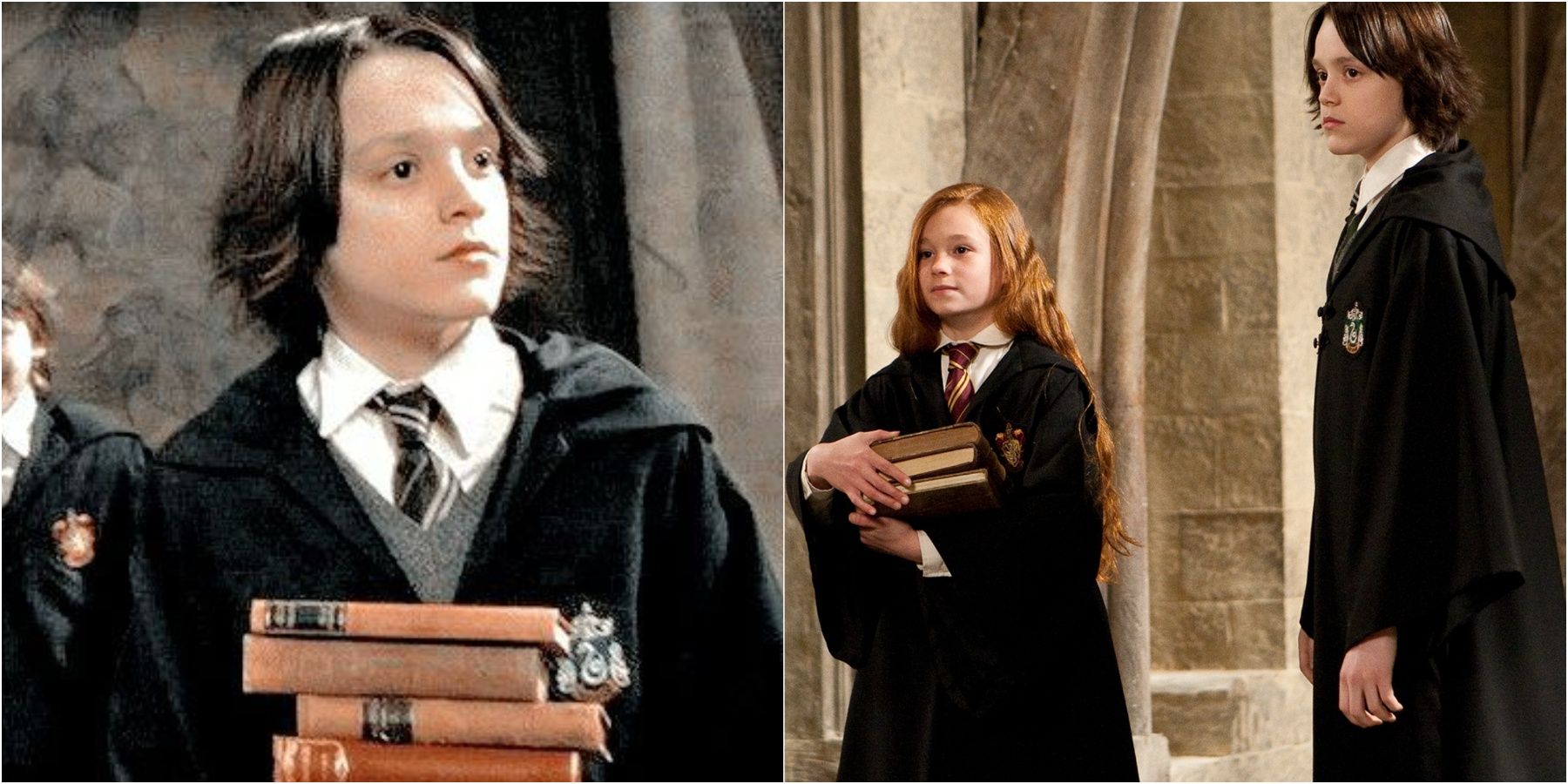 Split image of Snape and Lily Evans at Hogwarts in Harry Potter.