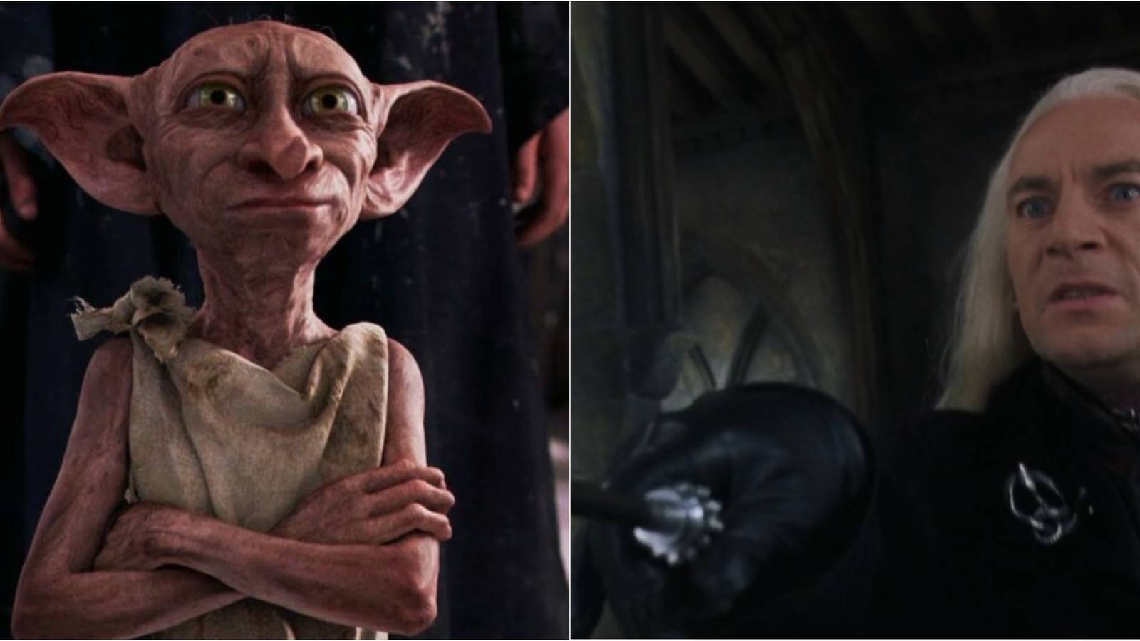 Split image of Dobby and Lucius Malfoy in Harry Potter and the Chamber of Secrets.