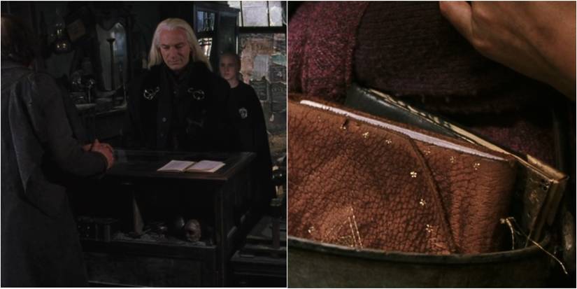 Split image of Mr. Borgin, Lucius, and Draco Malfoy, and Ginny's cauldron in Harry Potter and the Chamber of Secrets.