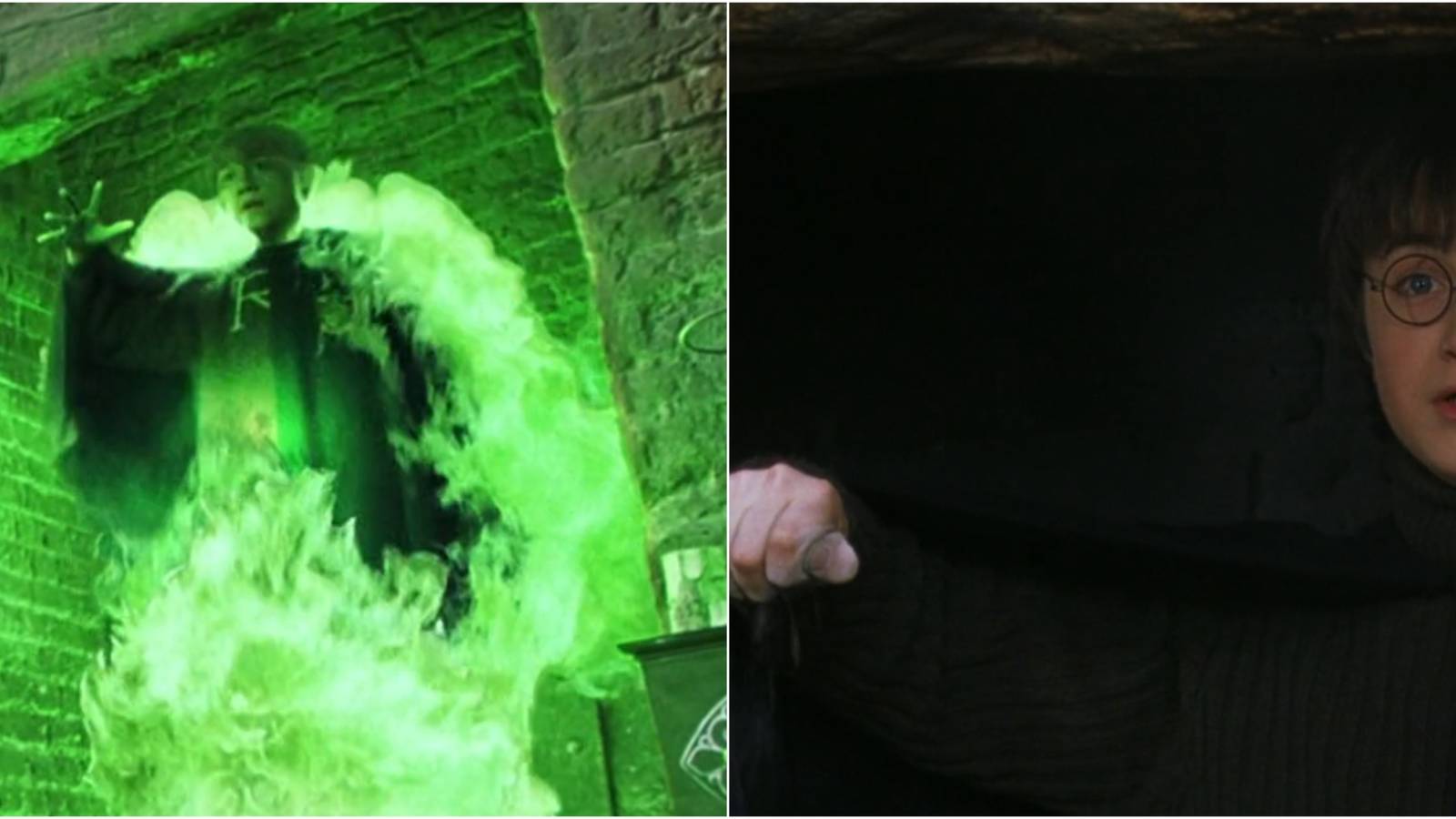 Split image of Ron Weasley and Harry Potter traveling by Floo Powder in Harry Potter and the Chamber of Secrets.