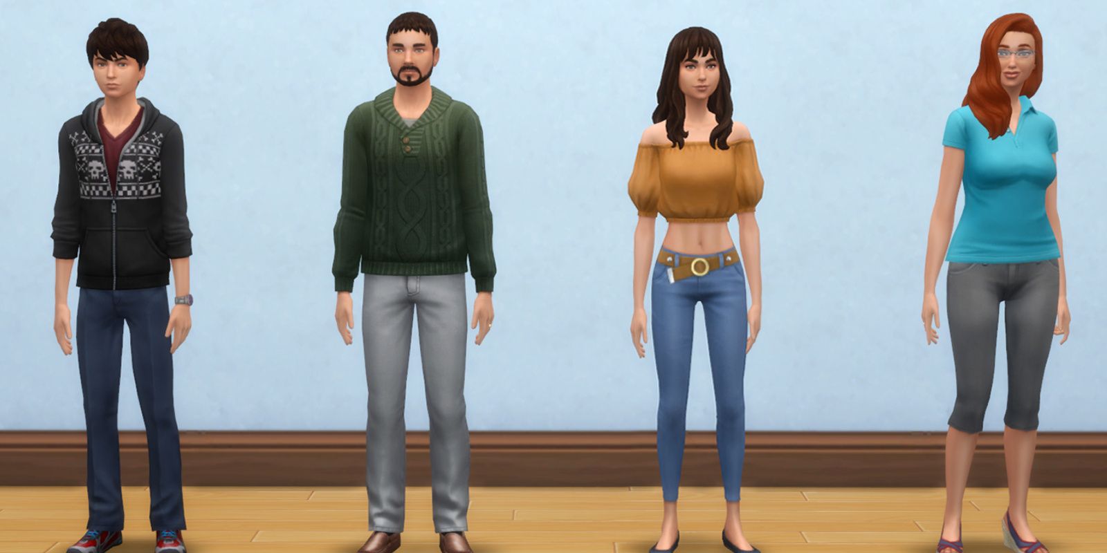 Two adult Sims and two teen Sims stand next to each other to demonstrate Menaceman44's teen height mod
