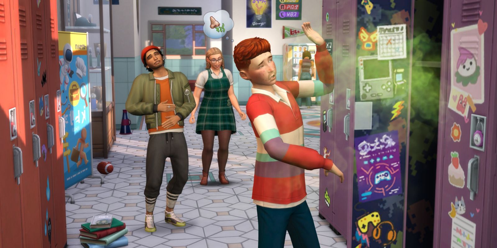 Two Sims laugh at another who has opened his locker to a bad smell in SIms 4