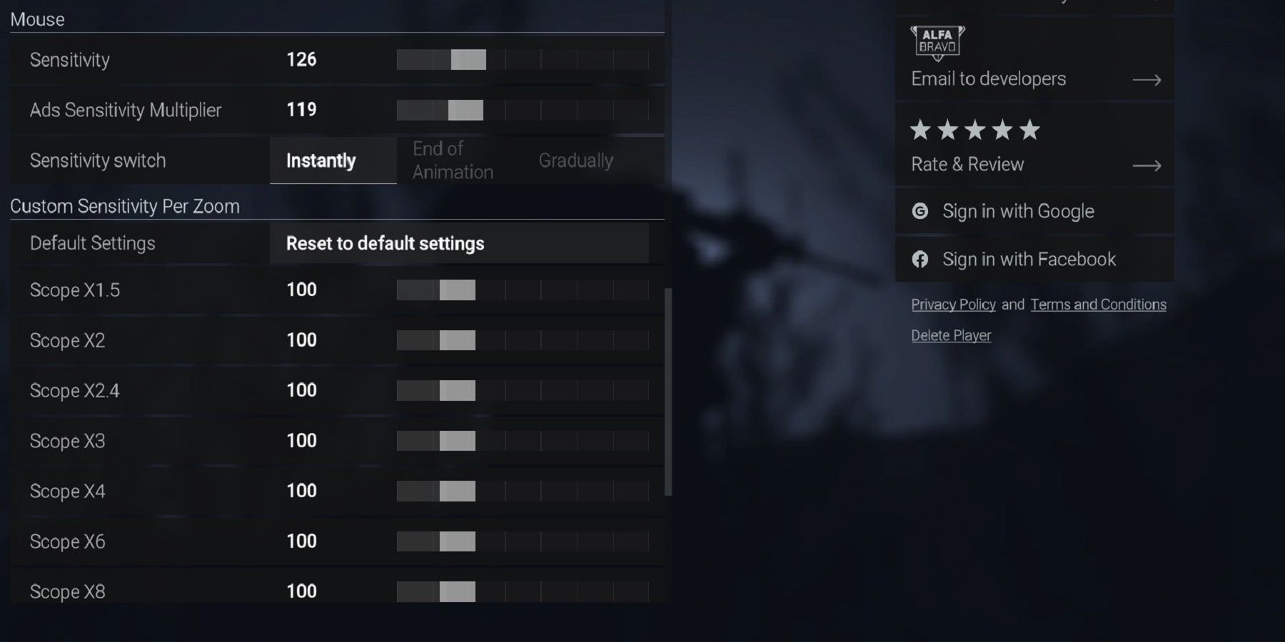 Adjusting the sensitivity option in Combat Master.