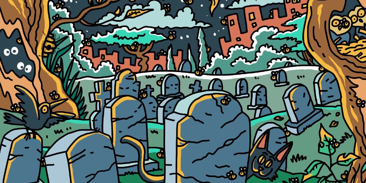 A piece of artwork of a graveyard with various bees scattered around it in I Commissioned Some Bees 0 