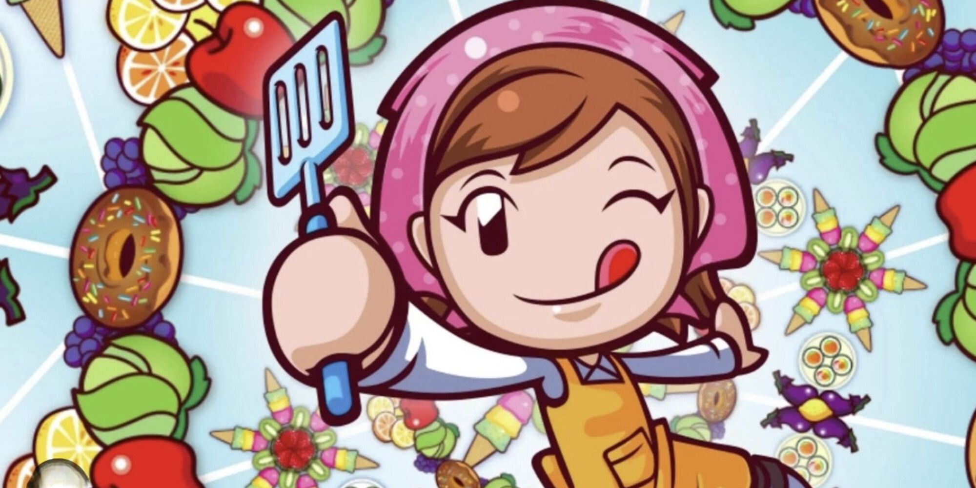 The title character from Cooking Mama surrounded by different cooking ingredients