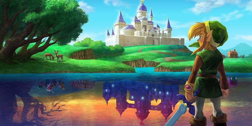 Link olhando para o Castelo de Hyrule do outro lado de um lago com um reflexo do Castelo de Lorule na água