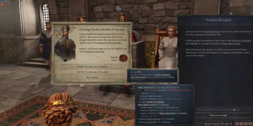 Duchess Matilda used her Bishop to fabricate a claim on the Duchy of Romagna, and petitioned Kaiser Heinrich for the title.