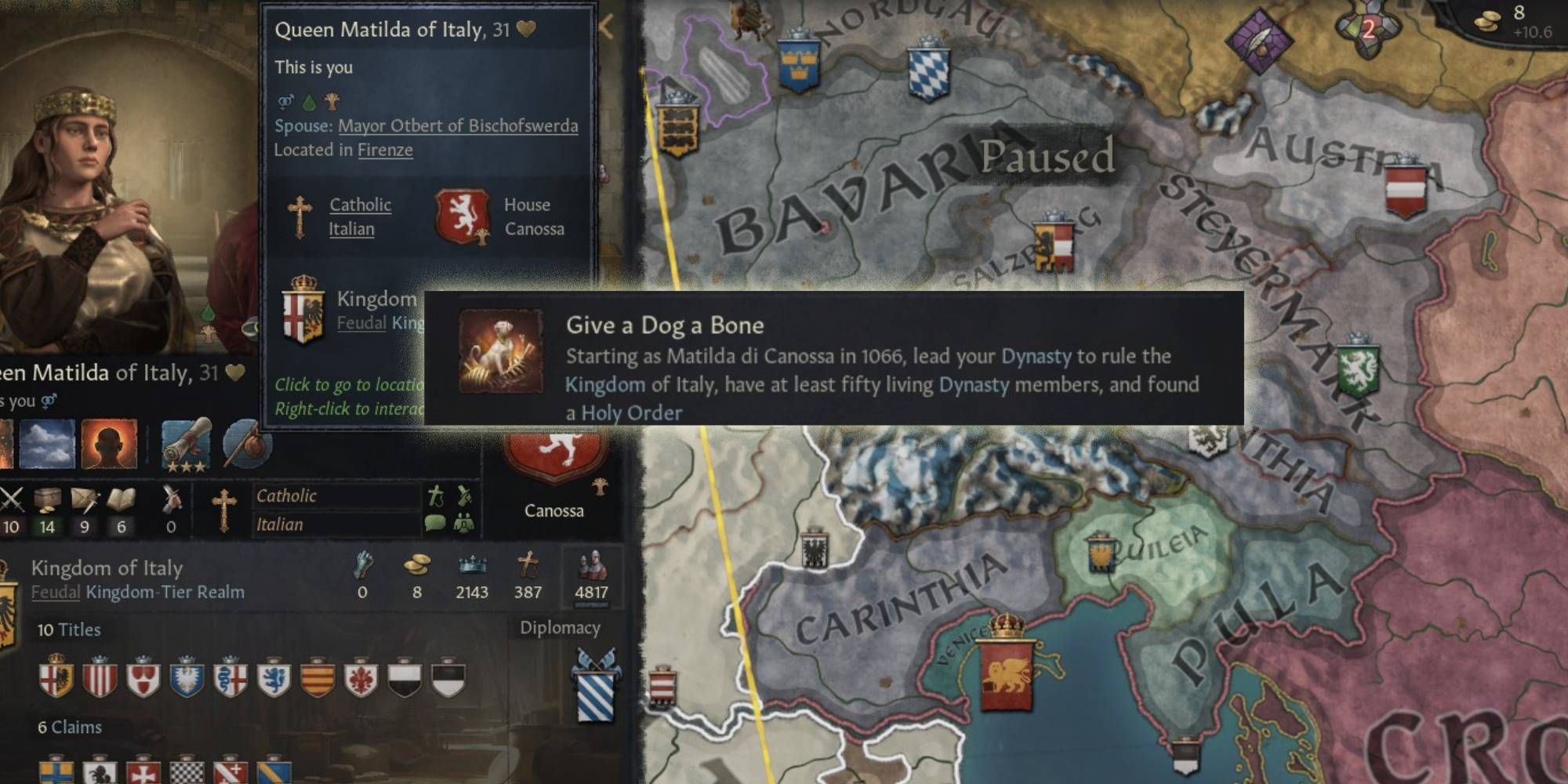 Queen Matilda of Italy behind the Crusader Kings 3 achievement: Give a Dog a Bone